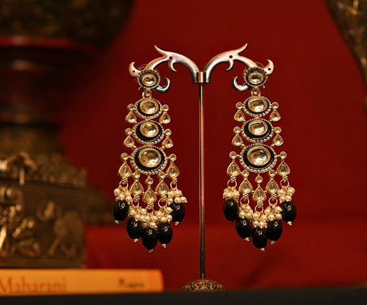 Mehfil Polki Kundan with Black Beads Gold Plated Earrings