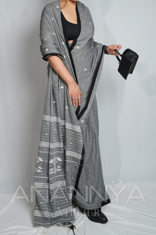 Monochrome Bengal Polka Dots Handloom Cotton Saree | CEO Chronicles