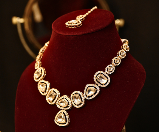 Rajputana Contemporary Polki Diamond Cut Gold-Plated Necklace Set with Mangtikka