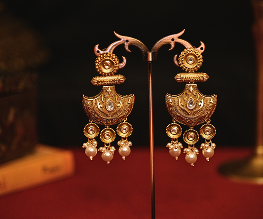 Pankha Moti Antique Matte Gold Plated Long Earrings